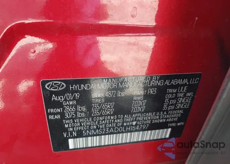 2020 Hyundai Santa Fe Se from USA, damaged, VIN 5NMS23AD0LH154797